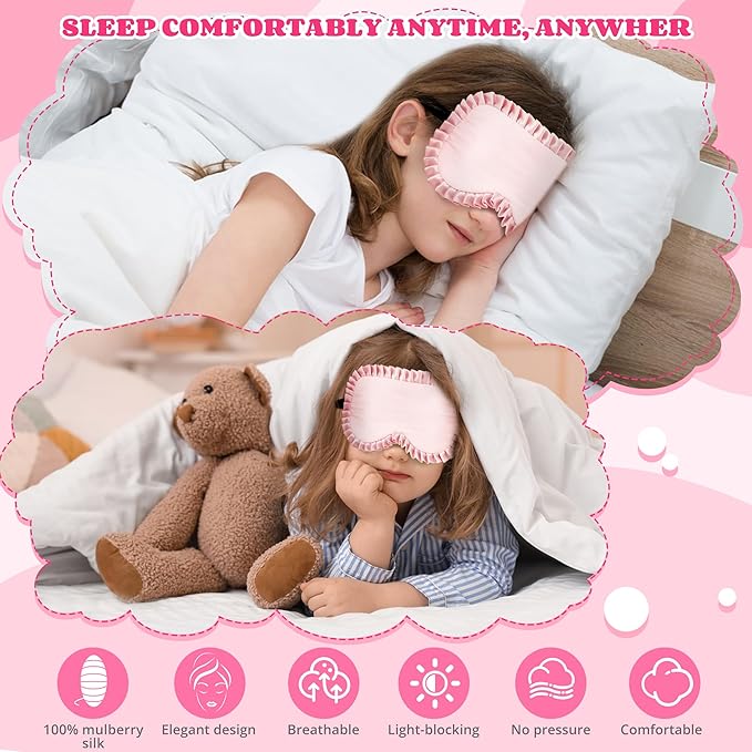 Kids Sleep Mask Eye Cover, 100% Real Mulberry Silk Sleep Mask with Adjustable Strap, Kids Blindfold for Sleeping, Boys Girls Eye Shade for Ages 5+, Soft and No Pressure (Pink)