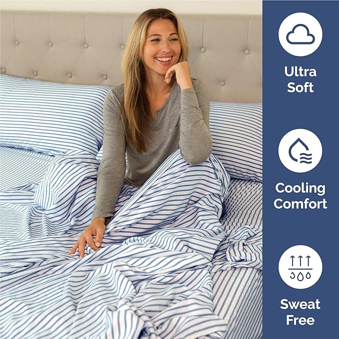 Full 6 Piece Sheet Set - Comfy, Breathable & Cooling - Soft Hotel Luxury Bedding for Women, Men, Kids, Teens and Children - 1 Flat & 1 Fitted Sheet & 4 Pillowcases with Deep Pockets - Blue Stripes 2