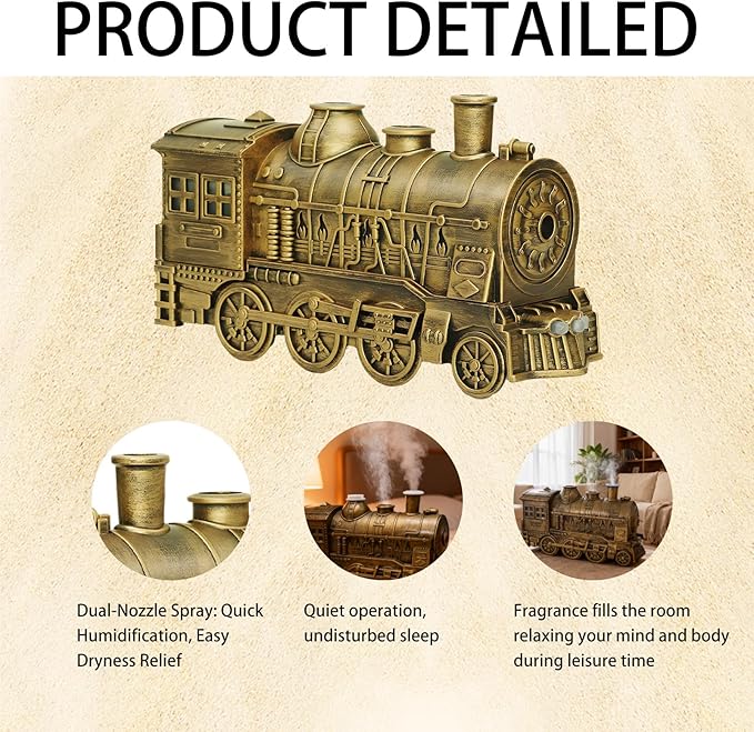 300ML Vintage Steam Train Essential Oil Diffuser & Humidifier - Dual-Color LED Night Light, 2 Mist Modes, Auto Shut-Off, Perfect Home Decor Gift for Bedroom, Office, Christmas