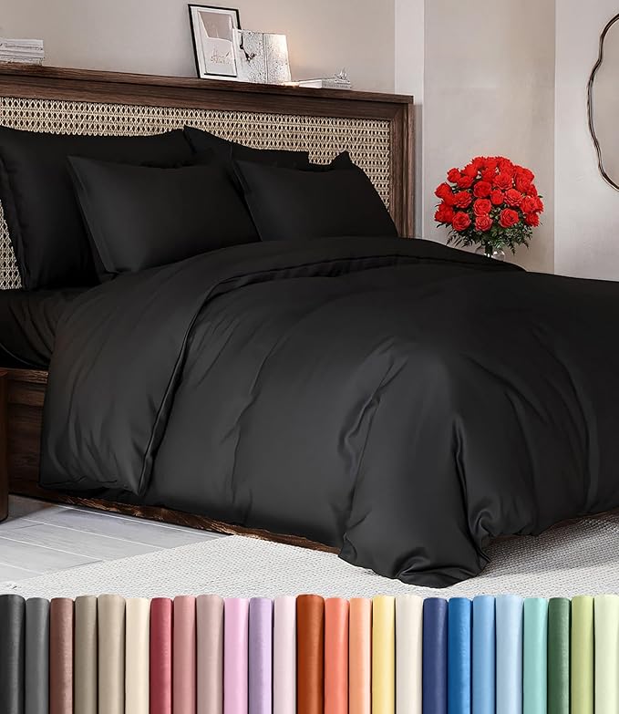 Duvet Cover Super Queen Size Set - Extra Soft Super Queen Duvet Cover with 2 Pillow Shams - Hotel Luxury, Easy Care & Fade Free w/ Zipper Closures & Ties - All Season, Comfy and Breathable (Black)