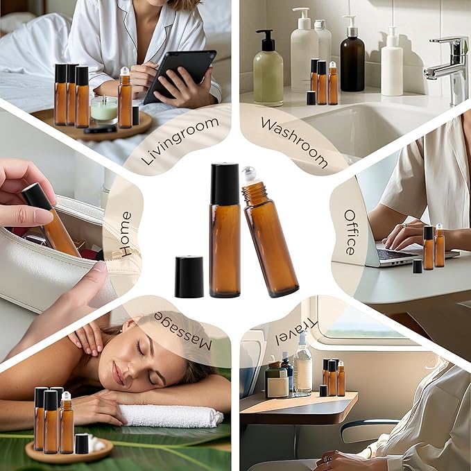 Essential Oil Roller Bottles, 10ml Thick Glass Perfume Roller Bottles with Funnel Opener and Dropper Colored Glass Empty Bottles with Stainless Steel Roller Balls (Brown - black cover, 4 Pack)