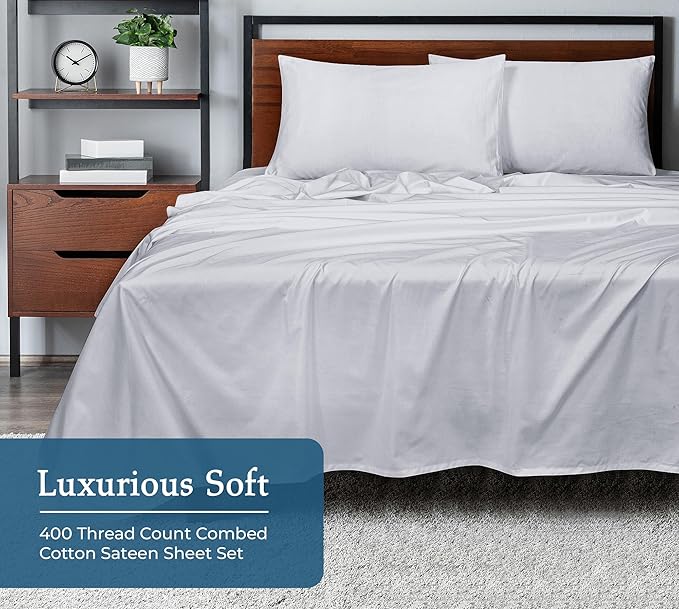 ROYALE LINENS 400 Thread Count 100% American Grown Cotton 4 Piece Sateen King Sheet Set - 1 Fitted Sheet, 1 Flat Sheet, 2 Pillow case - Silver King Bedsheet - Cotton Sheets - (King, Spanish Silver)