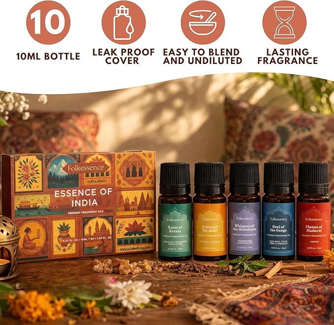Folkulture Essence of India Essential Oils Set for Diffuser | Set of 5 Fragrance Oils for Aromatherapy | Frankincense, Jasmine, Cedarwood | Home Fragrance Gift | Gift for Her