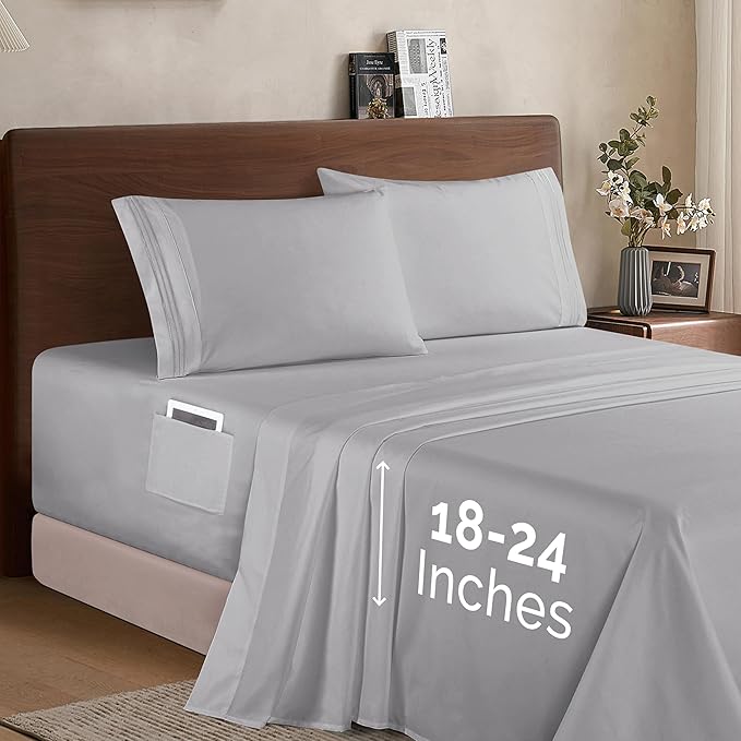 Elegant Comfort Luxury 1500 Premium Hotel Quality Microfiber 4-Piece Sheet Set - Soft, All Around Elastic 18-24 Inches Deep Fitted Sheet - Extra Deep Pocket Sheets, Full, Silver Grey