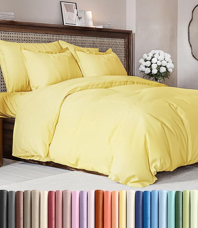 Duvet Cover Cal King Size Set - Extra Soft Cal King Duvet Cover 104" x 98" with 2 Pillow Shams - Hotel Luxury, Easy Care & Fade Free with Zipper Closures and Ties - Comfy, Cozy & Breathable (Yellow)