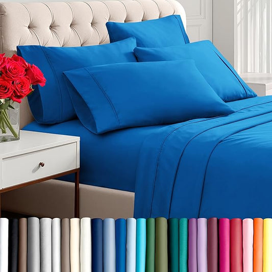Bare Home Hotel Luxury King Sheet Set, Extra Soft - 6 Piece Set - Deep Pockets - Easy Fit - Cooling & Breathable - Wrinkle, Fade, Stain Resistant - Includes 4 Pillowcases (King, Medium Blue)