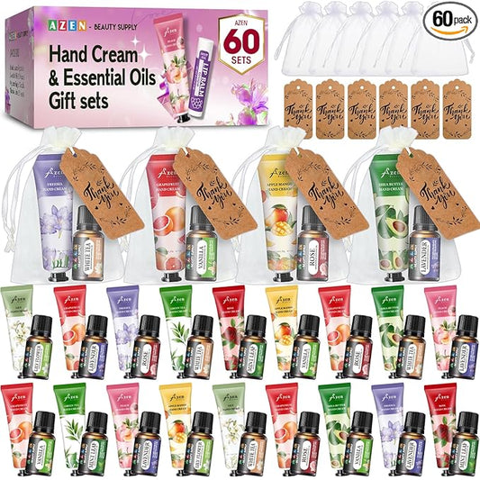 AZEN 60 Sets Bulk Gifts, Hand Cream and Essential Oils Bulk Set with Organza Bag Thank You Card, Baby Shower Wedding Gifts for Guests, Bridal Wedding Favors