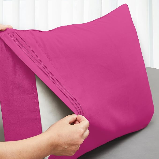 Mocassi 2-Piece Premium Standard/Queen Pillowcase Set 1800 Series Hotel Quality Microfiber - Soft and Breathable with 3-Line Embroidery Wrinkle and Stain Resistant, Easy Care, 20" x 30", Hot Pink