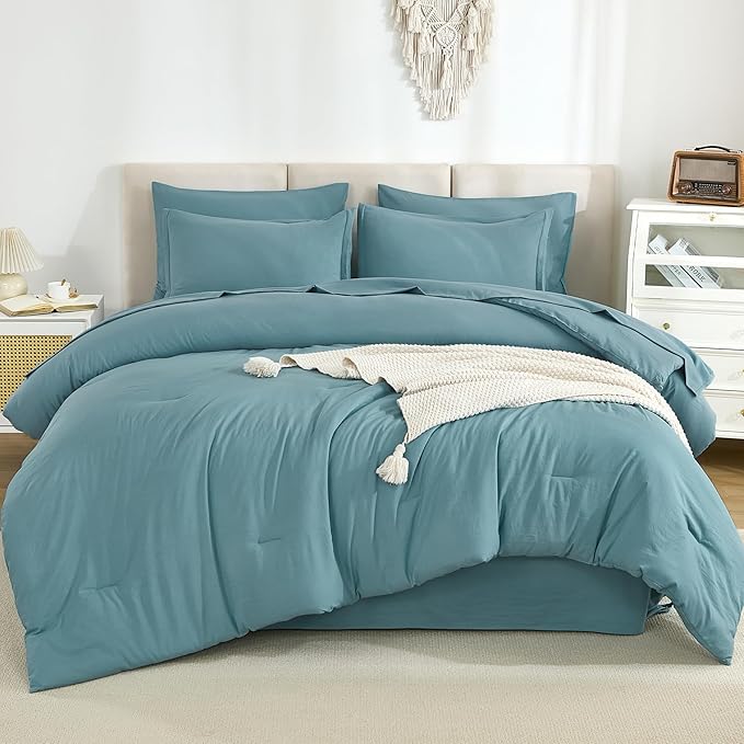 Litanika Super King Plus Comforter Sets Grayish Teal - 7 Pieces Bed in a Bag Beddding Sets, Solid Lightweight Bed Set with Comforter, Sheets, Pillowcases & Shams