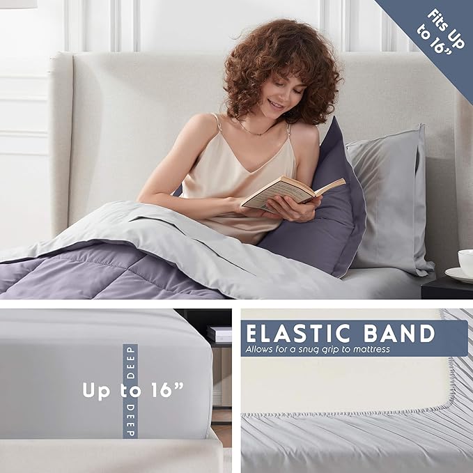 Nestl 7 Piece Twin XL Comforter Set – Grayish Purple Reversible Bed in a Bag – Complete Twin XL Size Bedding Set with Sheets, Set of 2 Cooling Pillows, Pillowcase and Sham