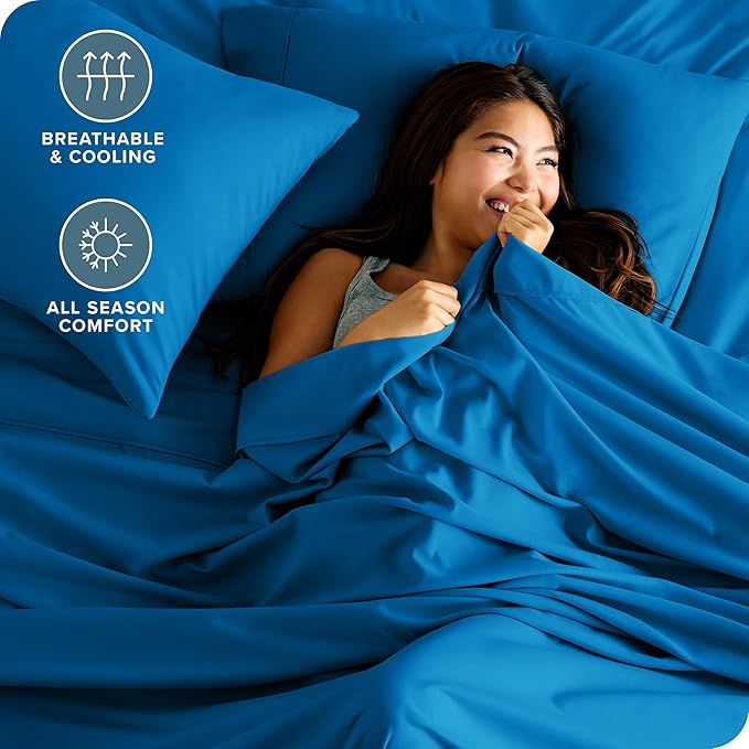 Bare Home Hotel Luxury Sheet Set, Extra Soft, 6 Piece Set - Deep Pockets - Easy Fit - Cooling & Breathable - Wrinkle, Fade, Stain Resistant - Includes 4 Pillowcases (Split Head Flex King, Medium Blue)
