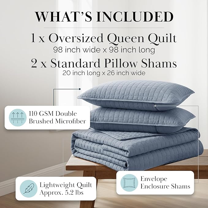 Southshore Fine Living, Inc. Queen Quilt Set, Full Size Bedspread with 2 Matching Pillow Shams, Soft Microfiber Lightweight Quilts, Queen Size Coverlet, Vacation Rental Quilts, Slate Blue Quilt