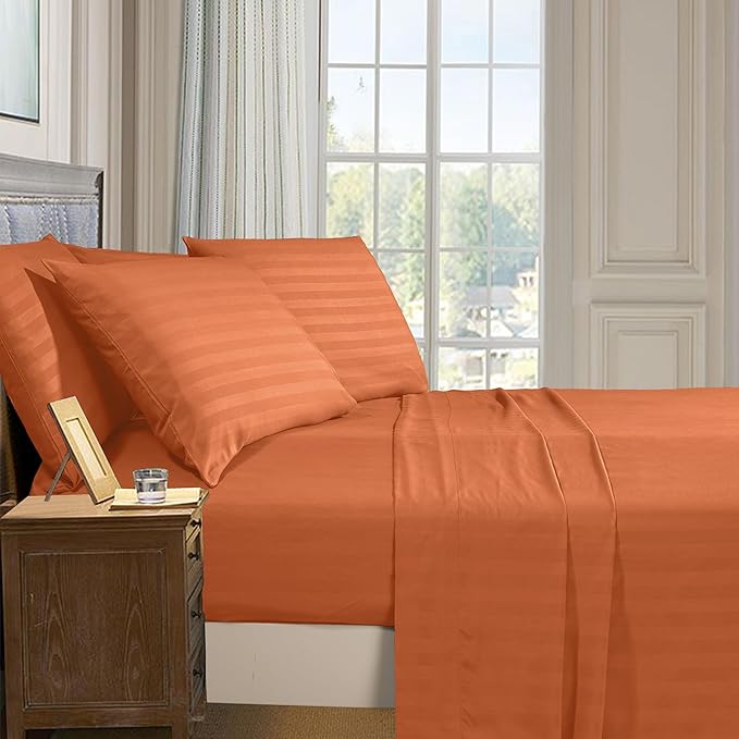 Elegant Comfort Softest and Coziest 6-Piece Sheet Set - 1500 Premium Hotel Quality Microfiber - Deep Pocket, Wrinkle Resistant 6-Piece Damask Stripe Bed Sheet Set, Full, Coral