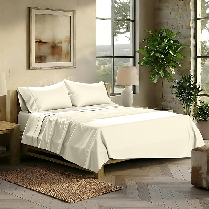 TEXAS LINEN CO. 100% Egyptian Cotton Sheets Queen Size - Snoozin' Supreme Collection 2000 Series Luxury Queen Bed Sheet Set, Cooling Sateen Weave, 17” Extra Deep Pocket Hotel Sheets (4 Pc, Ivory)