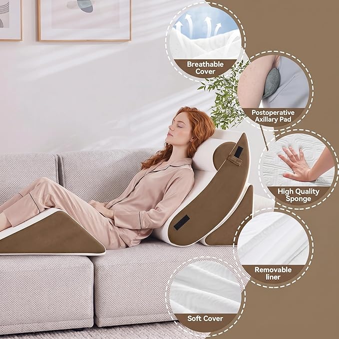 5PCS Wedge Pillow Set for After Surgery,Bed Orthopedic Pillow for Sleeping, Memory Foam Back Pillow for Pain Relief and Acid Reflux, Adjustable Sitting Up for Bed Post Surgery Pillow Brown