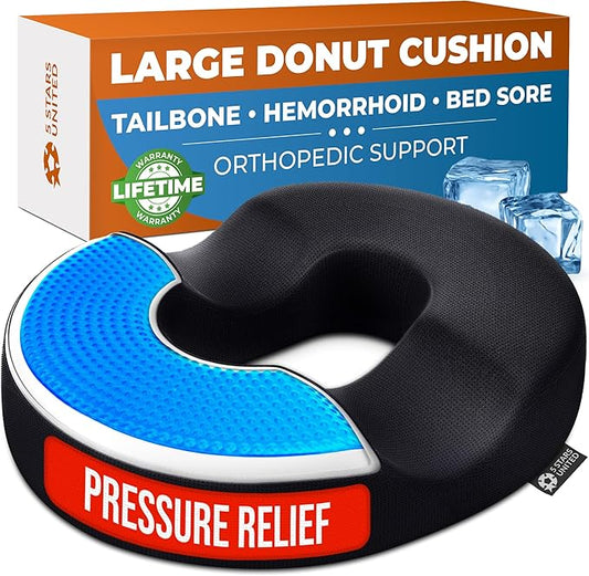 5 STARS UNITED Donut Pillow Hemorrhoid Tailbone Cushion – Large Floor Cushion for Pain Relief – Coccyx, Prostate, Sciatica, Pelvic Floor, Pressure Sores, Pregnancy, Postpartum Recovery, Arctic Black