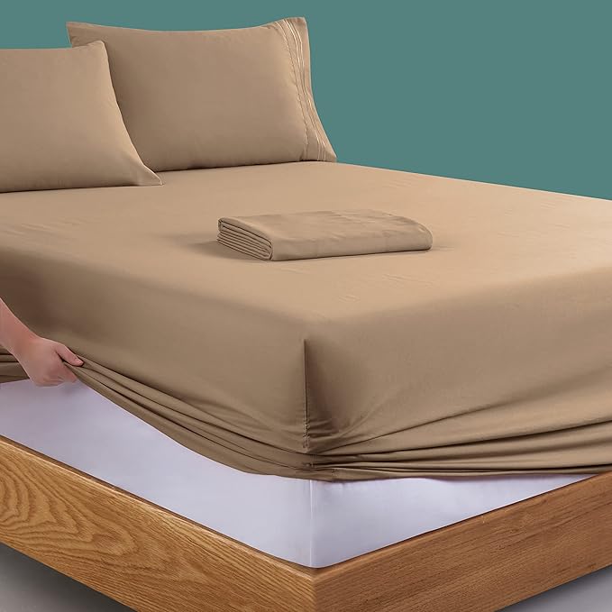 Manyshofu Extra Deep Pocket Full Size Sheets Set - Hotel Luxury 1800 Thread Count Sheets & Pillowcases - Kids Bedding Set up to 24" Mattress - Khaki Bed Sheets 18-24 Inch Deep Pockets - 4 Piece