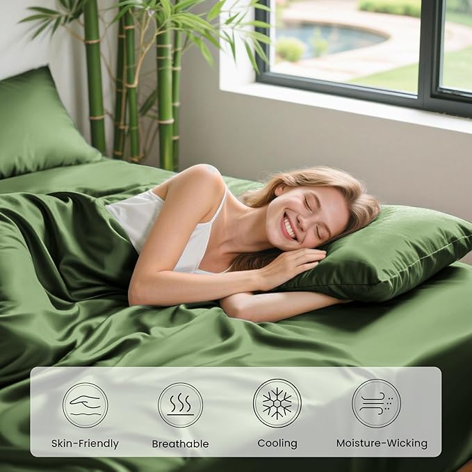 Love's cabin 3 Piece Twin XL Sheet Set, 100% Rayon Derived from Bamboo, Cooling & Breathable, Soft Silky Deep Pocket up to 16", Hotel Luxury Bedding for Hot Sleepers, Olive Green