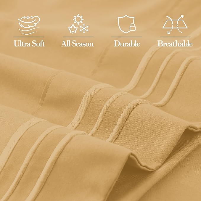 Mocassi 2-Piece Premium Standard/Queen Pillowcase Set 1800 Series Hotel Quality Microfiber - Soft and Breathable with 3-Line Embroidery Wrinkle and Stain Resistant, Easy Care, 20" x 30", Gold