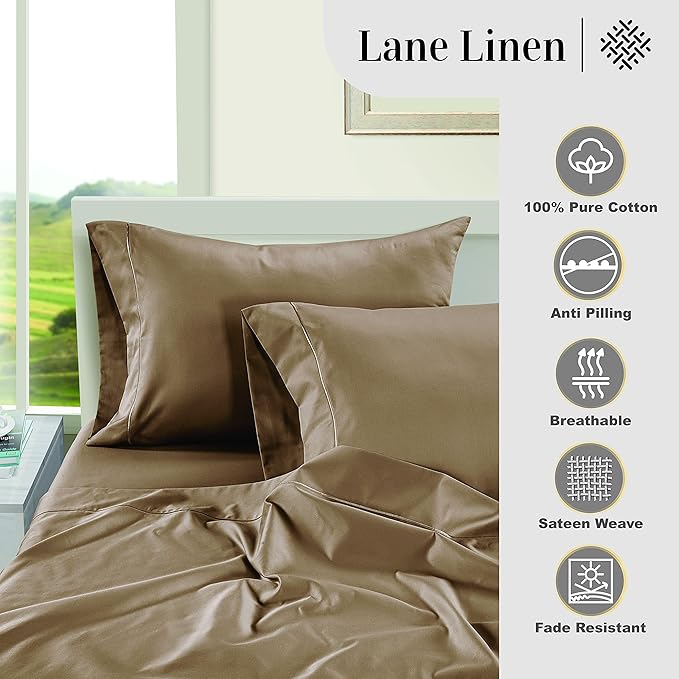 LANE LINEN Pillow Case Covers King Set of 2 100% Egyptian Cotton Sateen Soft Cool & Smooth Cases - Taupe