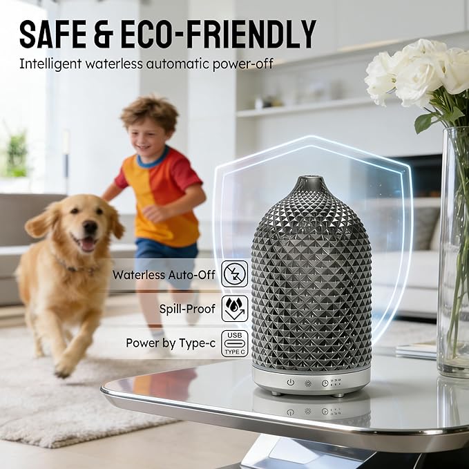 Essential Oil Diffuser 150ml, Glass Aromatherapy Diffuser with Ultrasonic Cool Mist, 7 Color LED Lights, 1/2/4H Timer, Quiet Auto Shut-Off Oil Diffuser for Bedroom, Home, Office (Silvery)