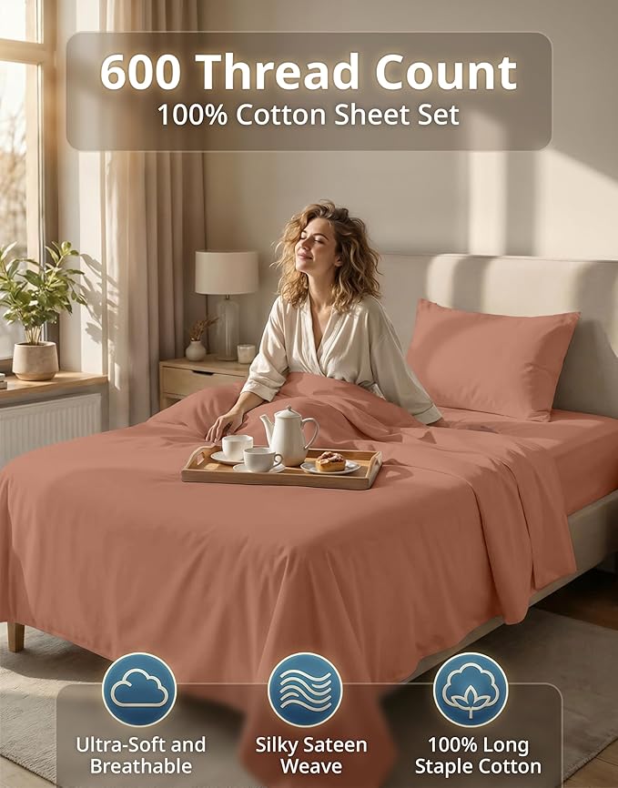 LANE LINEN 100% Cotton Sheets Twin Size - 600 Thread Count Sateen Weave for Silky Feel On Skin - Hotel Quality Luxury for Guest Rooms - 15'' Deep Pocket for Snug Fit to Your Mattress - Rose Dawn