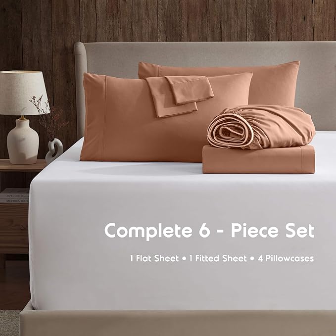 Nestl Extra Deep Full Sheet Set - 6 Piece Breathable & Cooling Sheets - Hotel Luxury Bedding Set w/18-24 Inch Deep Pockets - Easy & Secure Fit - Super Soft, Wrinkle Free & Comfy - Rust