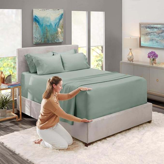 Hearth & Harbor Bed Sheets, Luxury Soft 6 Piece Bed Sheet Set Extra Deep Pocket Fitted Sheets Fits Mattress up to 21", Double Brushed Bedding Sheets & Pillowcases, Full, Ice Green