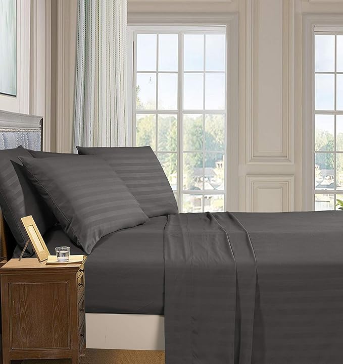 Elegant Comfort Best, Softest, Coziest 6-Piece Sheet Sets! - 1500 Premier Hotel Quality Luxurious Wrinkle Resistant 6-Piece Damask Stripe Bed Sheet Set, Full Grey