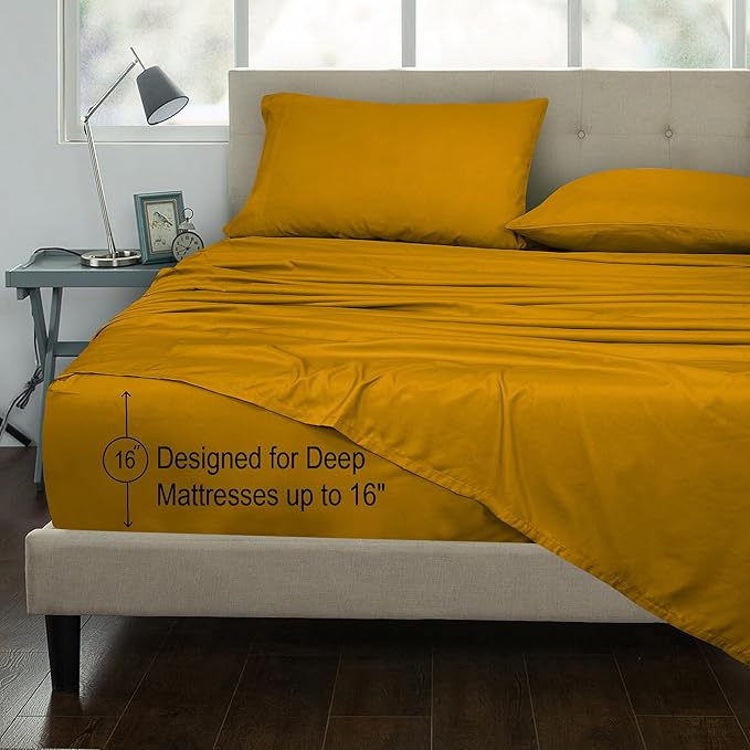 ROYALE LINENS 300 Thread Count 100% Long Staple Combed Cotton Sheet Set - 4 Piece Full Bed Sheets - 1 Fitted, 1 Flat, 2 Pillow Cases -Soft Cool & Crisp Sheet Set (Full, Yellow)