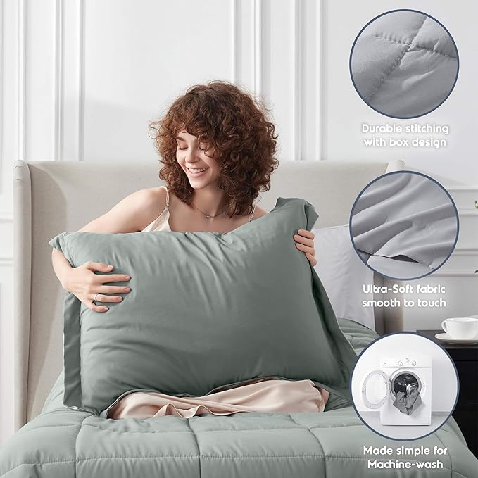 Nestl 7 Piece Twin XL Comforter Set – Sage Green Reversible Bed in a Bag – Complete Twin XL Size Bedding Set with Sheets, Set of 2 Cooling Pillows, Pillowcase and Sham