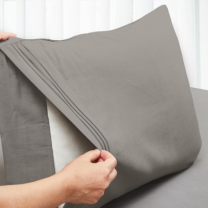 Mocassi 2-Piece Premium Standard/Queen Pillowcase Set 1800 Series Hotel Quality Microfiber - Soft and Breathable with 3-Line Embroidery Wrinkle and Stain Resistant, Easy Care, 20" x 30", Gray