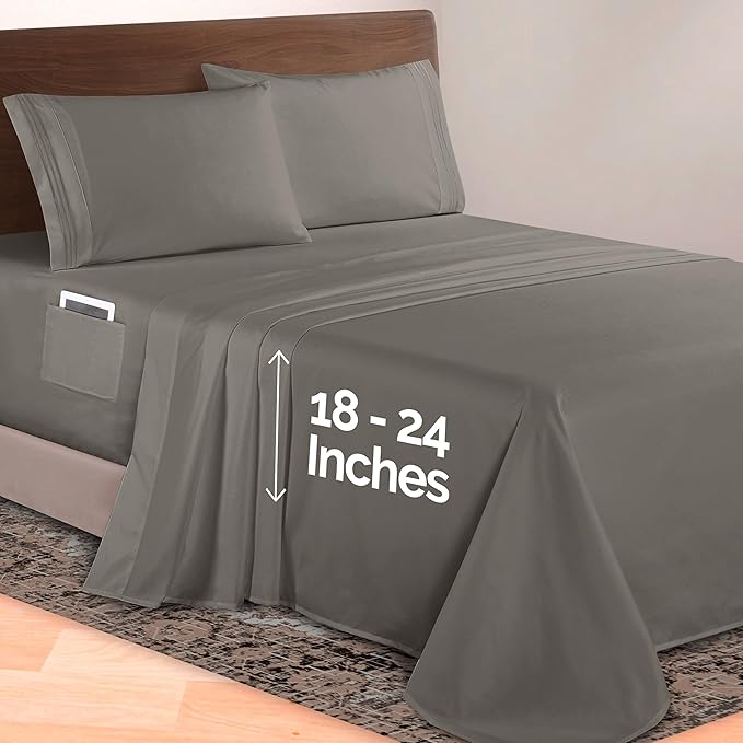 Elegant Comfort Luxurious 1500 Premium Hotel Quality Microfiber 4-Piece Sheet Set, 18-24 Inches Deep - Extra Deep Pocket Sheets - Ultra Soft 4PC Deep Pocket Sheets, Queen, Gray