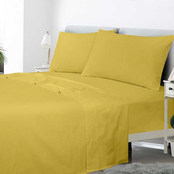 ROYALE LINENS 300 Thread Count 100% Long Staple Combed Cotton Sheet Set - 4 Piece Queen Bed Sheets - 1 Fitted, 1 Flat & 2 Pillow Cases - Soft Cool & Crisp Sheet Set (Queen, Yellow)