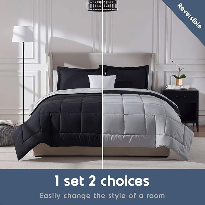 Nestl 9 Piece King Comforter Set – Black Reversible Bed in a Bag – Complete King Size Bedding Set with Sheets, Set of 2 Down Alternative Pillows, Pillowcases and Shams
