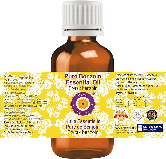 dève herbes Benzoin Essential Oil (Styrax Benzoin) Pure | Viscous Texture | Rich Aroma | Unisex | All Skin Types | for External Use Only | Natural Extract | Steam Distilled 50ml (1.69 oz)