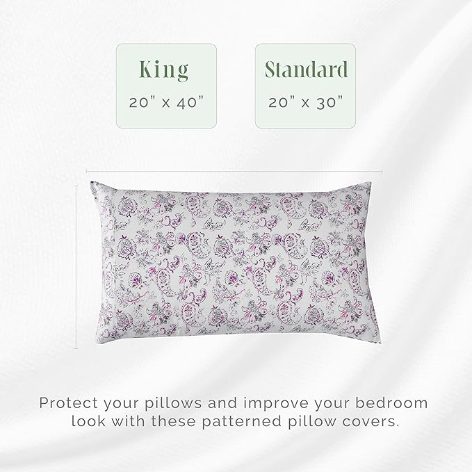 Elegant Comfort Ultra Soft Set of 2 Floral Print Pillowcases - 1500 Premium Hotel Quality Microfiber, Soft and Smooth Envelope Closure 2-Piece Pillow Covers - King, Paisley Purple