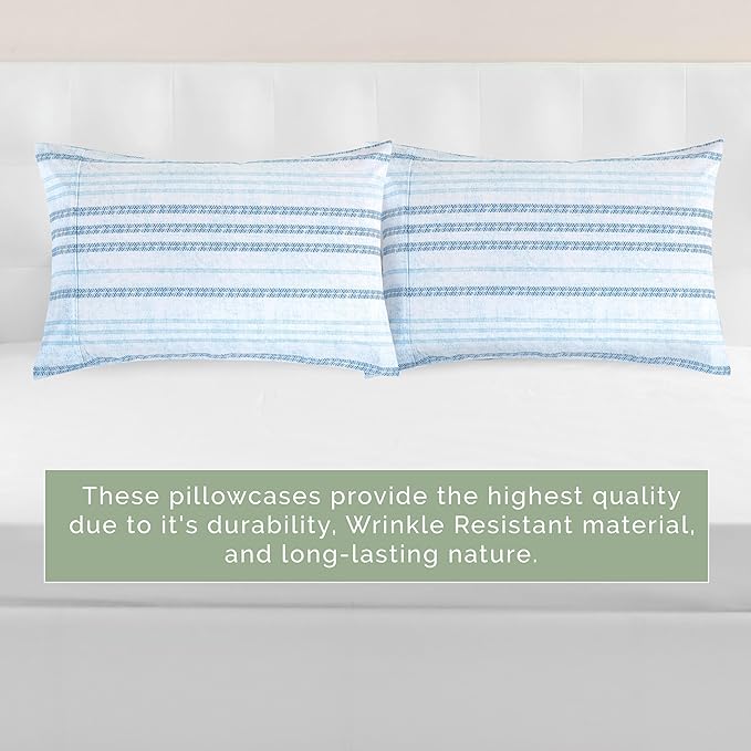 Elegant Comfort Ultra Soft Set of 2 Striped Print Pillowcases - 1500 Premium Hotel Quality Microfiber, Soft and Smooth Envelope Closure 2-Piece Pillow Covers - King, Traci Aqua
