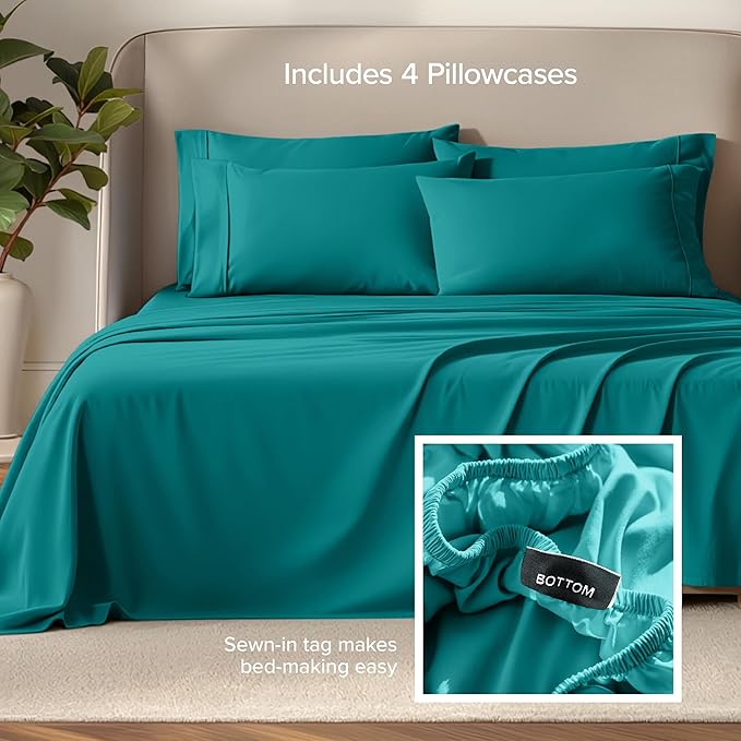 Bare Home Hotel Luxury Queen Sheet Set, Extra Soft - 6 Piece Set - Deep Pockets - Easy Fit - Cooling & Breathable - Wrinkle, Fade, Stain Resistant - Includes 4 Pillowcases (Queen, Emerald)