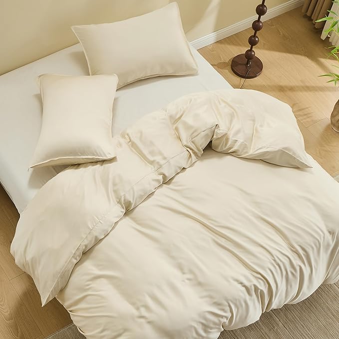 Simple&Opulence Cooling Duvet Cover Set Queen Size, 3 Pcs 100% Viscose Derived from Bamboo Hotel Luxury Silky Bedding Set, Breathable Soft Comforter Cover for Hot Sleeper with 2 Pillowcases(Beige)