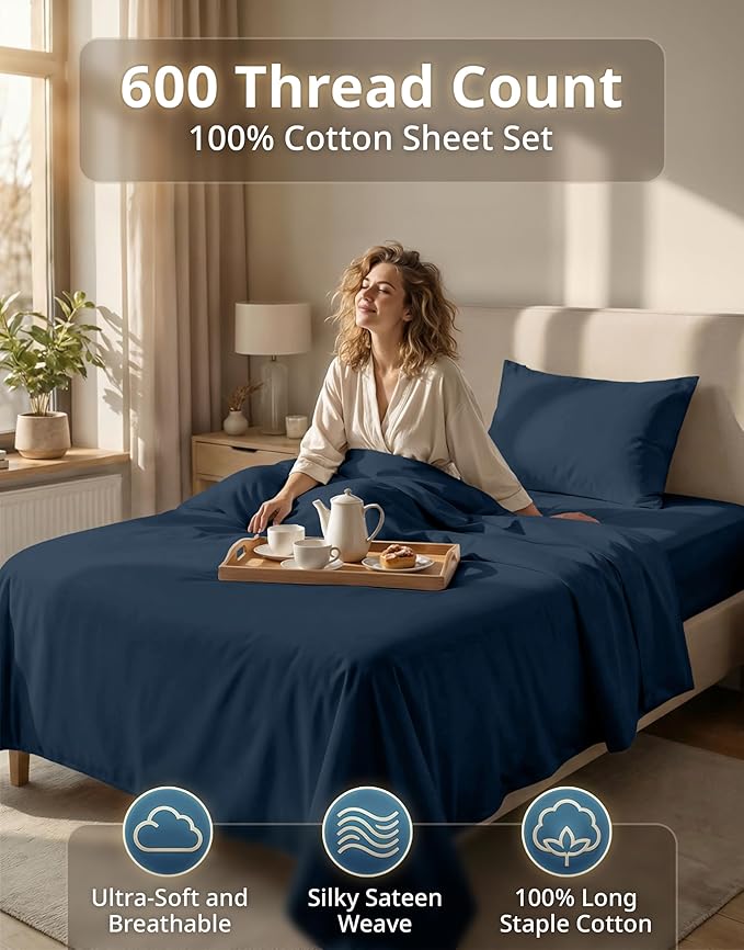 LANE LINEN Twin Sheets Set - 600 Thread Count Premium Sateen Weave - Hotel Quality 100% Cotton Sheets Set for Dorm Rooms - Securely Fits Mattresses Upto 15'' Deep - Oeko Tex Certified - Denim