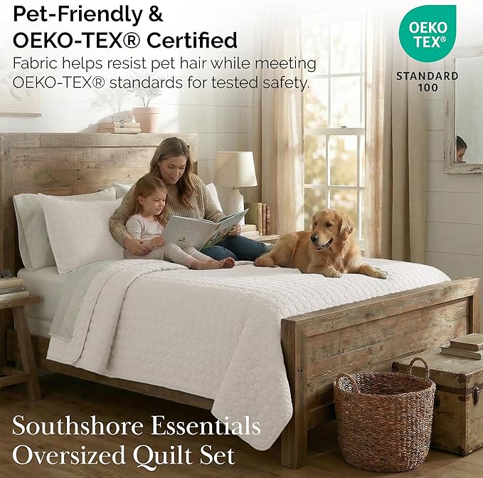 Southshore Fine Living, Inc. Quilted Summer Comforter, Queen Size Bedding Set with 2 Quilted Pillow Shams, Geometric Circle Design Coverlet, Queen/Full Size Bedspread, Lightweight Quilt, Bone