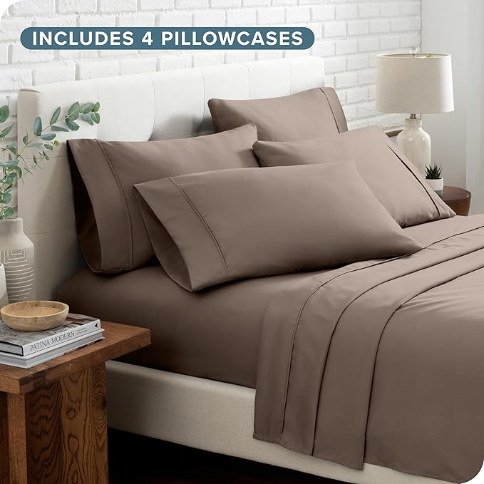 Bare Home Hotel Luxury Short Queen Sheet Set, Extra Soft - 6 Piece Set - Deep Pockets - Easy Fit - Cooling & Breathable - Wrinkle, Fade, Stain Resistant - Includes 4 Pillowcases (Short Queen, Taupe)