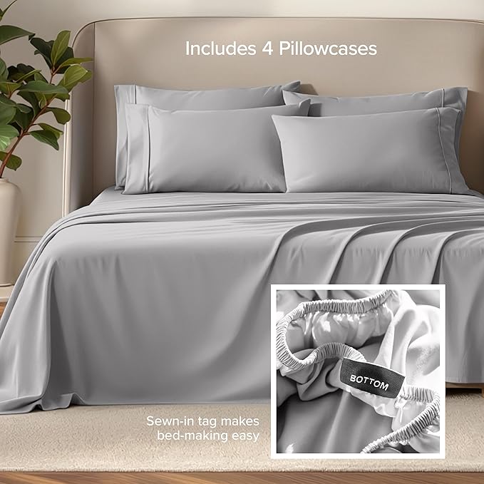 Bare Home Hotel Luxury Split King Sheet Set, Extra Soft, 7 Piece Set, Deep Pockets, Easy Fit, Cooling & Breathable, Wrinkle, Fade, Stain Resistant, Set Includes 4 Pillowcases (Split King, Light Grey)