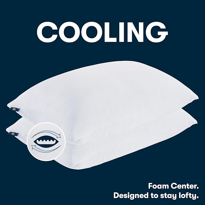 Serta Won't Go Flat King Size Set of 2 Down Alternative Cooling Bed Pillows, Extra Life Foam Core with Medium Support, Perfect for Back, Stomach or Side Sleepers, White
