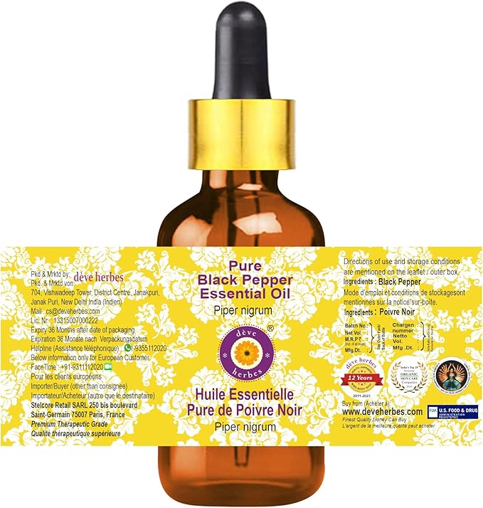 Deve Herbes Pure Black Pepper Essential Oil (Piper nigrum) with Glass Dropper Steam Distilled 100ml (3.38 oz)