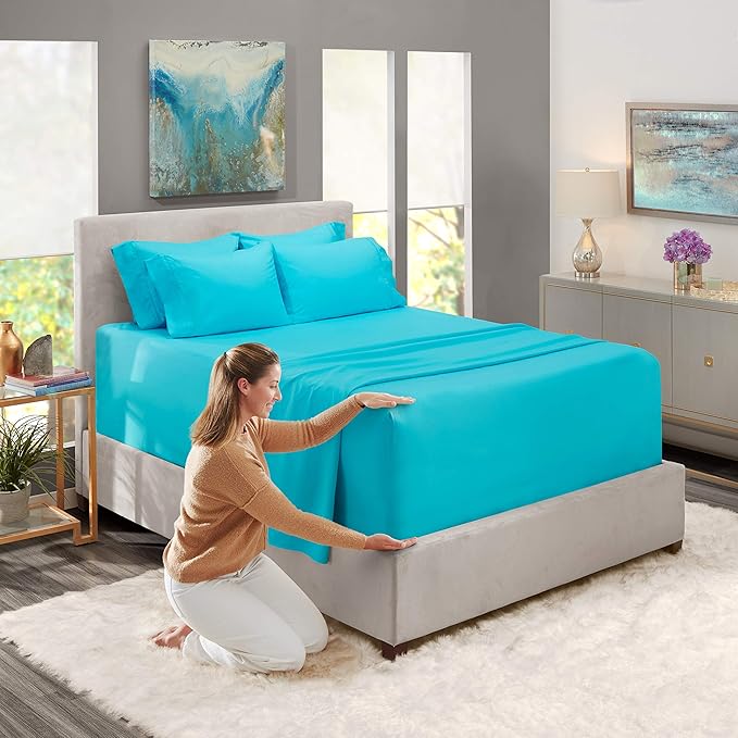 Hearth & Harbor Extra Deep Pocket King Size Sets - Fits Mattress 18-24 Inches Deep - Extra Deep Pocket Sheets - 6 Piece King Size - Beach Blue