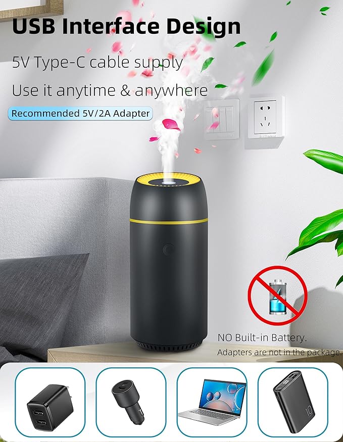 Car Diffuser for Essential Oils Portable Mini Ultrasonic Mist Humidifier 100ml USB Aromatherapy Diffuser Freshener with Colorful Lights for Small Space Home Office Bedroom (Black)