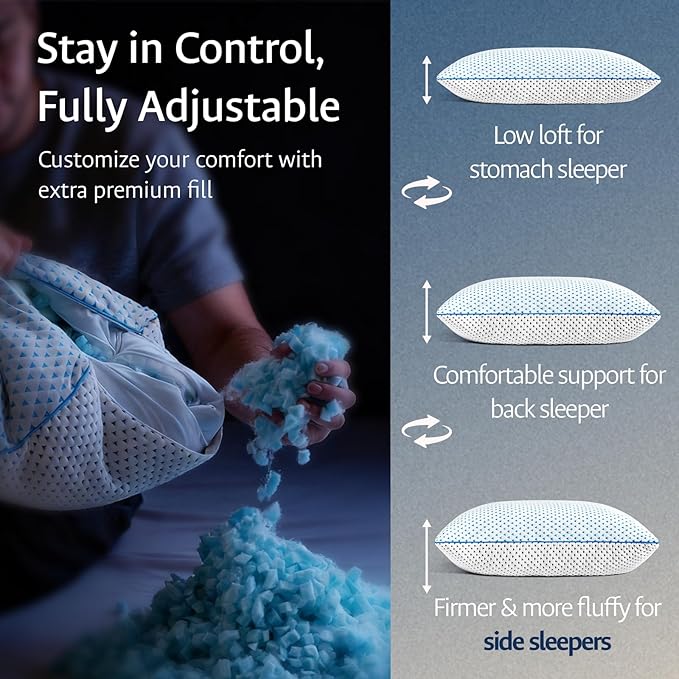 Cooling Gel Memory Foam Pillows Queen Size Set of 2 for Sleeping,Bamboo Rayon Adjustable Firm Shredded Foam Bed Pillows 2 Pack for Side, Back, Stomach Sleepers Luxury Washable Breathable Pillowcase