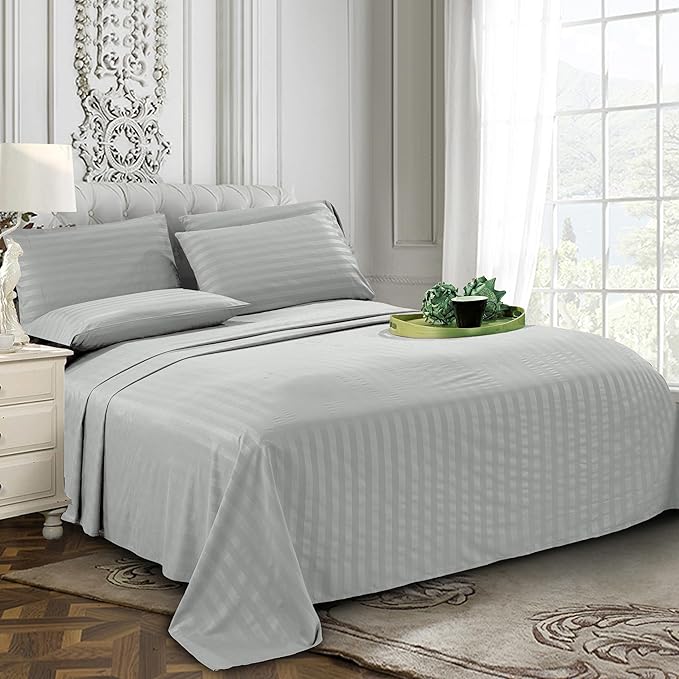 Elegant Comfort Softest and Coziest 6-Piece Sheet Set - 1500 Premium Hotel Quality Microfiber - Deep Pocket, Wrinkle Resistant 6-Piece Damask Stripe Bed Sheet Set, California King, Silver